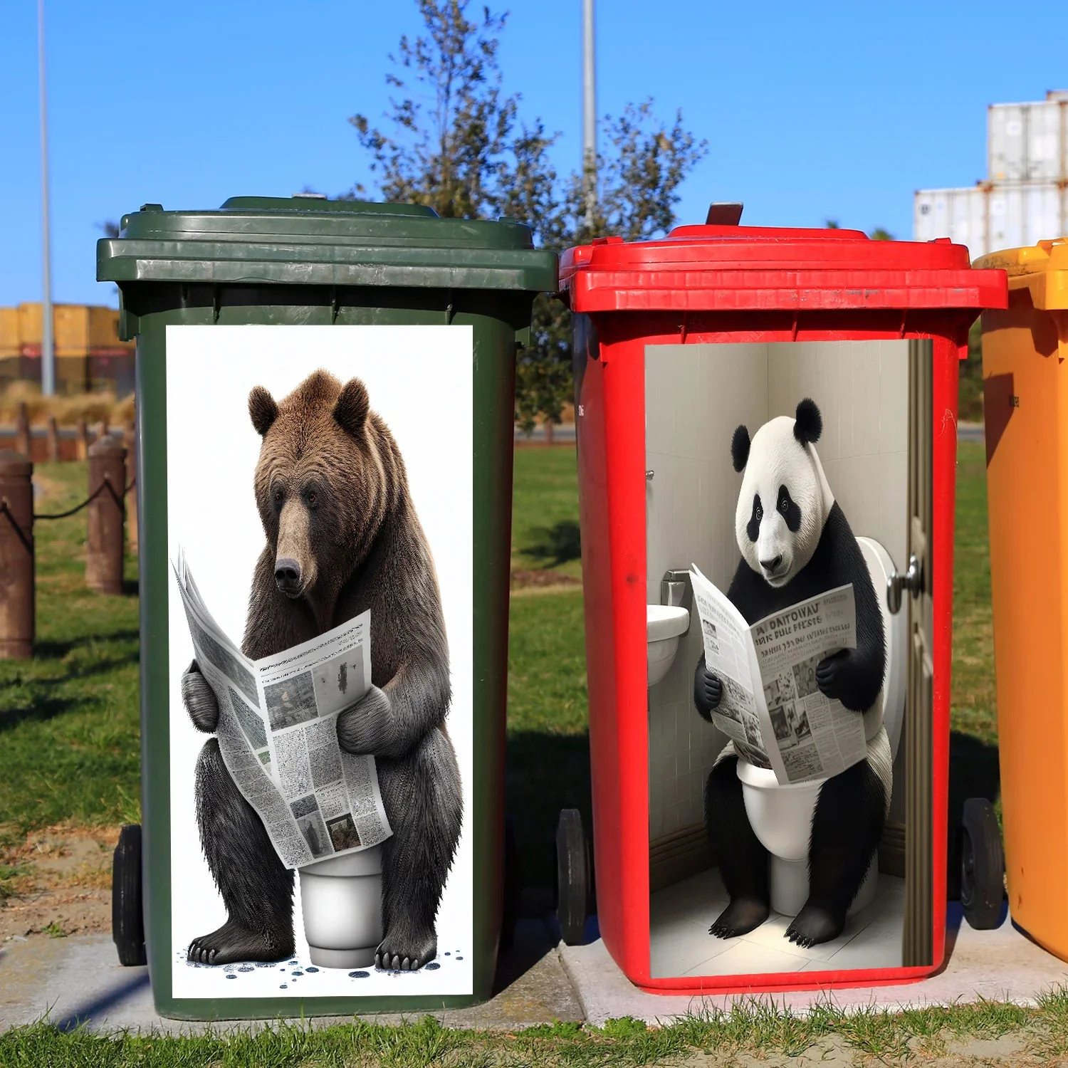 Забавные животные читают газету на туалете, водонепроницаемые наклейки для мусорного бака, съемные наклейки на стены из ПВХ для мусора