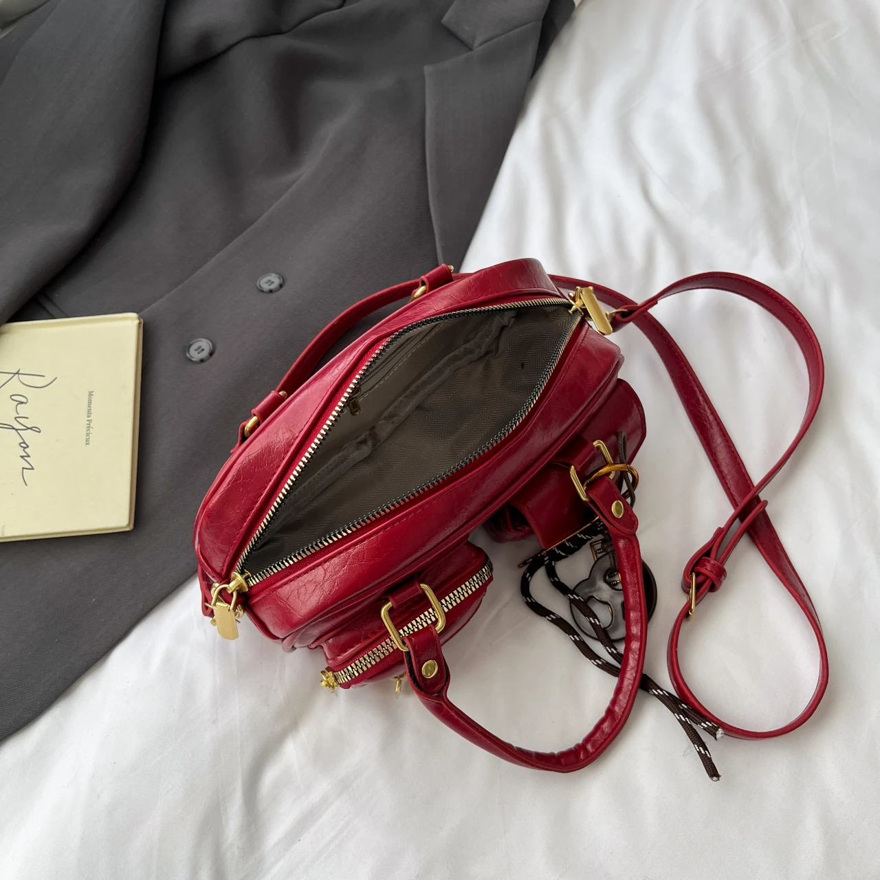 Burgundy Handbag Red Women's Bag Double Pocket Design Crossbody Mini Bag Solid Color Pu Leather Lady Bag Black Tote Fashion Bag