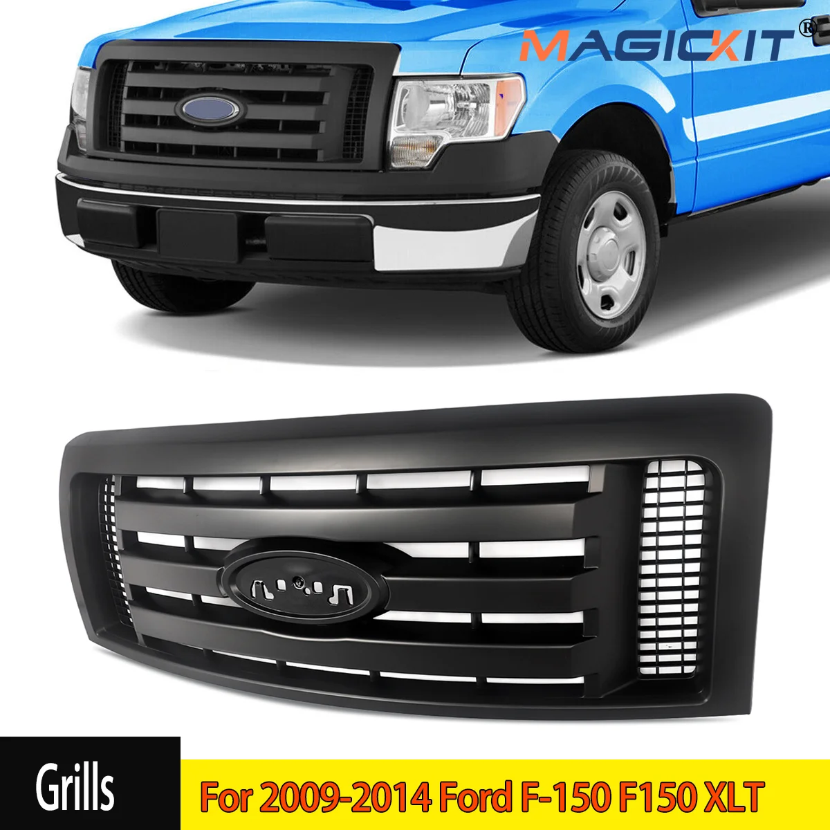 Matte Black Upper Front Bumper Grille Grill For 2009-2014 Ford F-150 F150 XLT