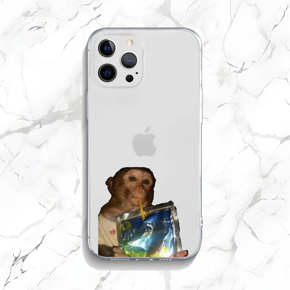 Monkey Sipping Caprisun Meme Phone Case For iPhone 15,14,13,12,11 Plus,Pro,Max,XR,XS,X,7,8 Plus,SE,Mini Transparent Soft Case