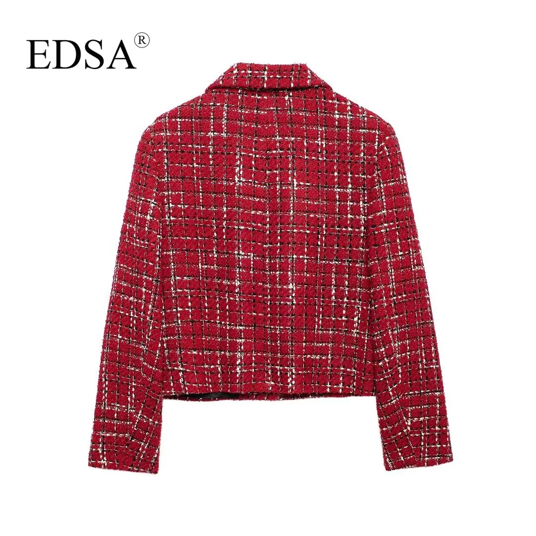 EDSA Women Tweed Skirt Set 2 Pcs Jacket with Shoulder Pads Flap Pockets High Waist Shorts Skirt for Female High Street Suits