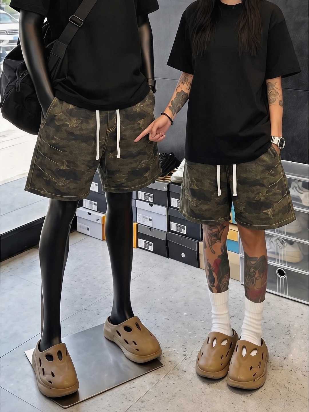 American Retro Washed Camouflage Shorts Men's Summer Thin Deconstructed Workwear Five-Quarter Loose Straight Casual Mid-Pants