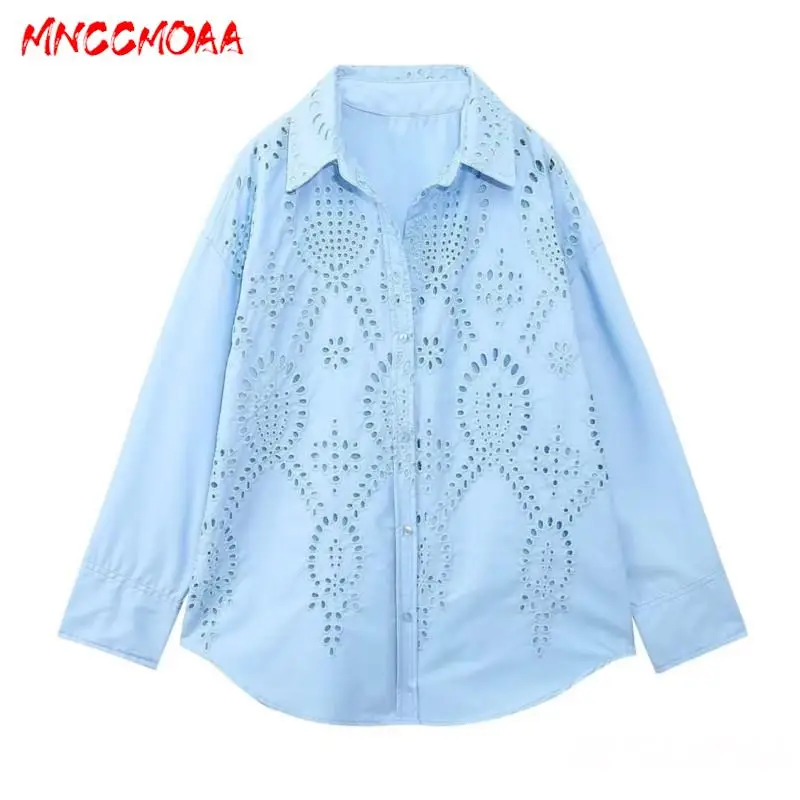 MNCCMOAA-Women\'s Embroidery Hollow Single Breasted Blouse Casual Blue Tops Long Sleeve Shirt Spring Summer Fashion Female 2024