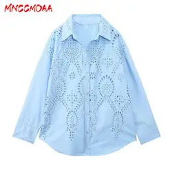 MNCCMOAA-Women's Embroidery Hollow Single Breasted Blouse Casual Blue Tops Long Sleeve Shirt Spring Summer Fashion Female 2024