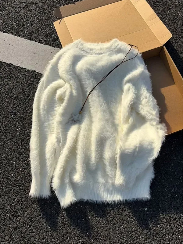 

White Faux Fur round Ne Knitwear Men's Winter Lazy Sle High-End Sensation Heavyweight Warm Inner irt Base Layer Top