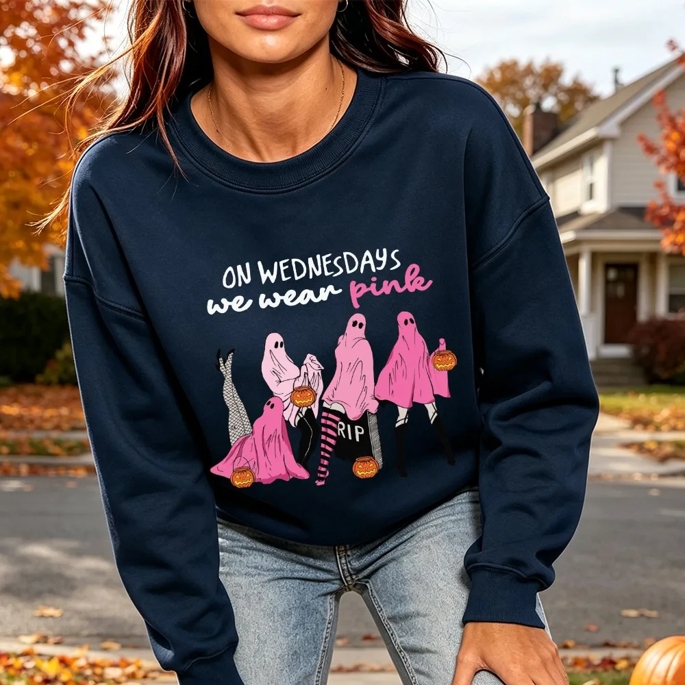 On Wednesdays We Wear Pink Ghost Halloween Print Ladies Crew Neck Sweatshirt Breast Cancer Awareness Long Sleeve Fashion Apparel view 2
