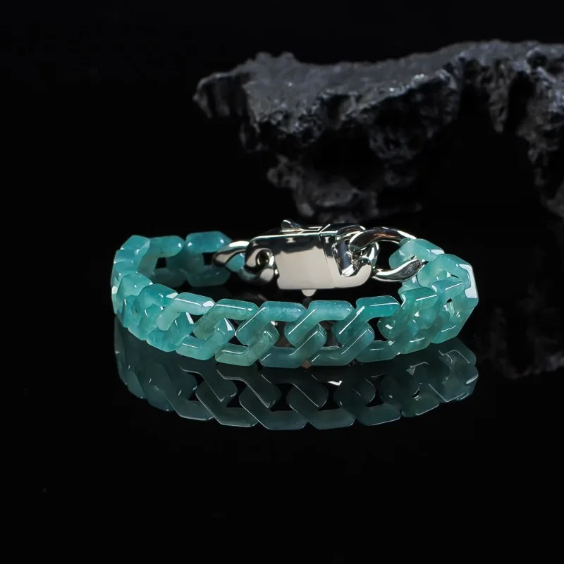 

Natural A-grade jadeite ice blue water Cuban chain jade hip-hop style personalized female fashion retro Lucky Protection Gift