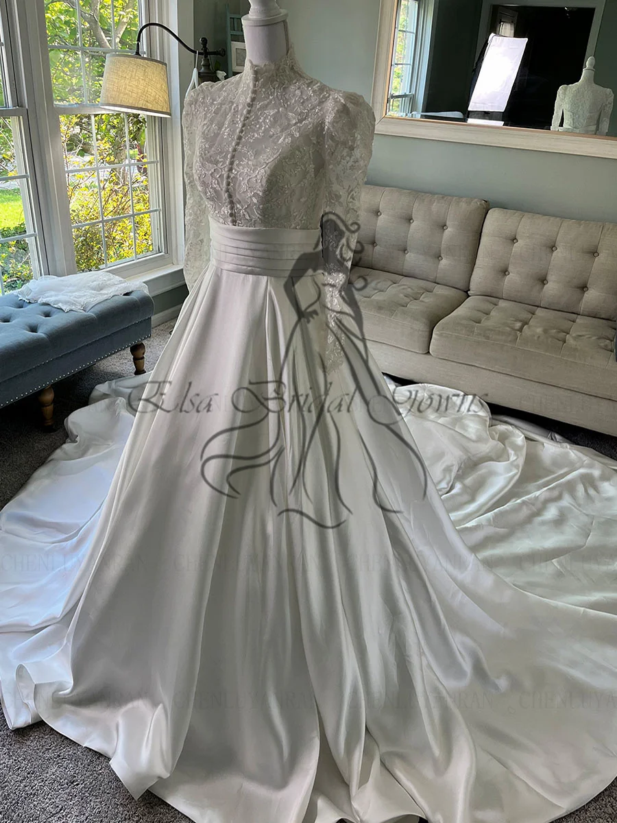 Robes de mariée musulmanes en satin pour femmes avec ceinture, robe de mariée de luxe en dentelle, robes A-Line pour femmes, 2023