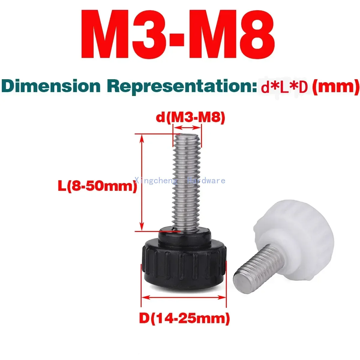 304 SS Round Head Hand Screw / Rubber Head Straight Knurled Handle Screw M3-M8