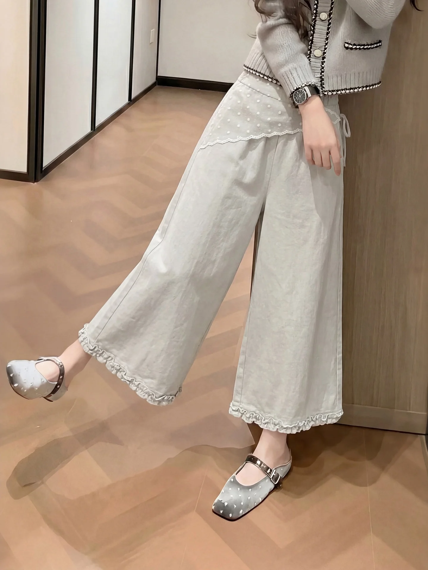 High Waist Casual Pants Women's Spring Summer New Style Floral Lace Splicing Wide Leg Pants Cotton Knitted Commute Friendly