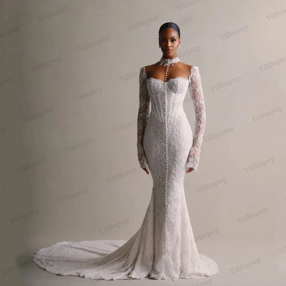 

Customized African Mermaid Wedding Dress Full Sleeve Applique Beaded Sweep Train Button Lace Up Back Bridal Gown Robe De Mariee