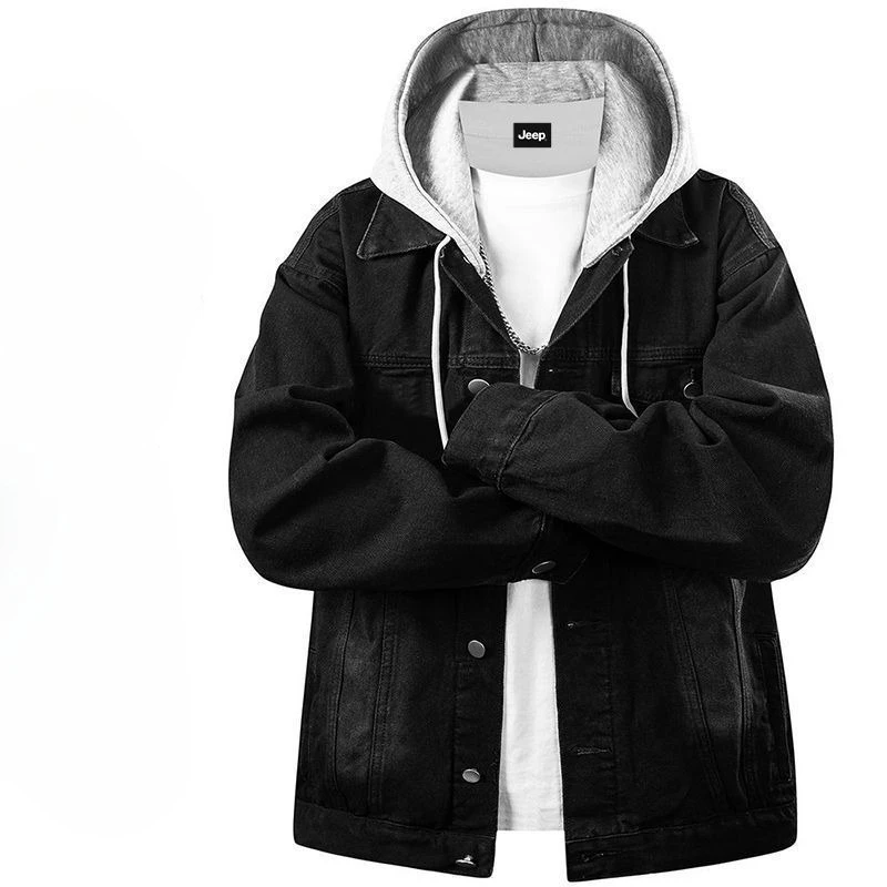 Immagine 3: Giacca di jeans con cappuccio da uomo, primavera autunno 2026, cappotto casual ampio effetto due pezzi, versatile streetwear, giacca trucker da uomo