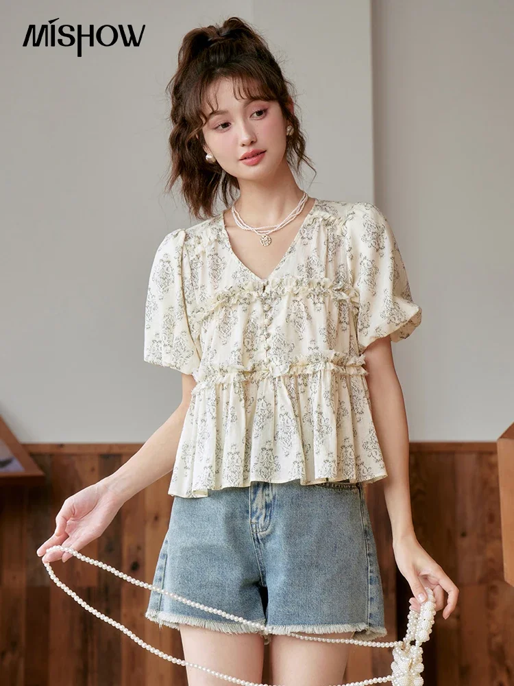 MISHOW French V-neck Floral Short Sleeve Chiffon Blouses for Women 2023 Summer Pleated Bubble Sleeved V Neck Doll Top MXC39X1294