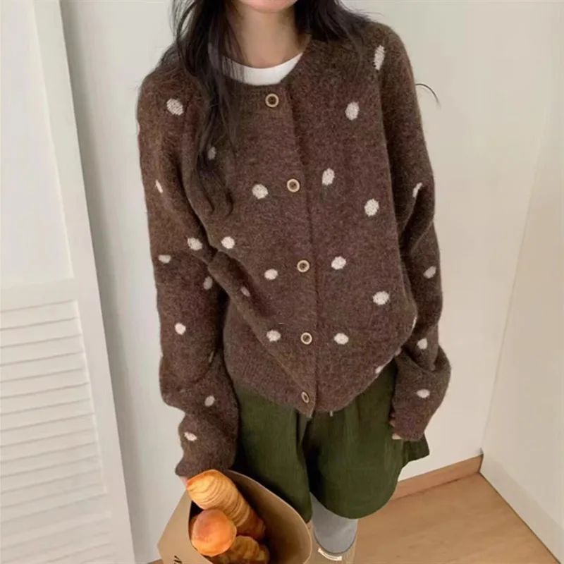 New Jersey For Women Spring Autumn Korean Sweaters & Jumpers Short Woolen Coat Polka Dot Woman Clothing Knitwear Female Jacket