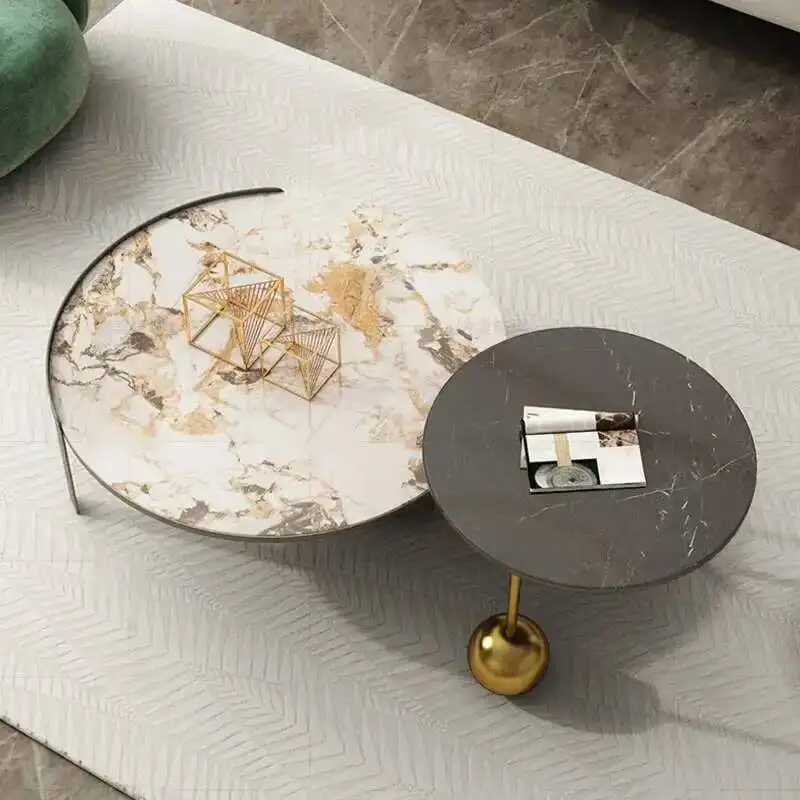 فاخر بسيط جولة حجر طاولة القهوة ضوء غرفة المعيشة شخصية الفولاذ المقاوم للصدأ طاولة القهوة الحديثة حجم مجموعة #2