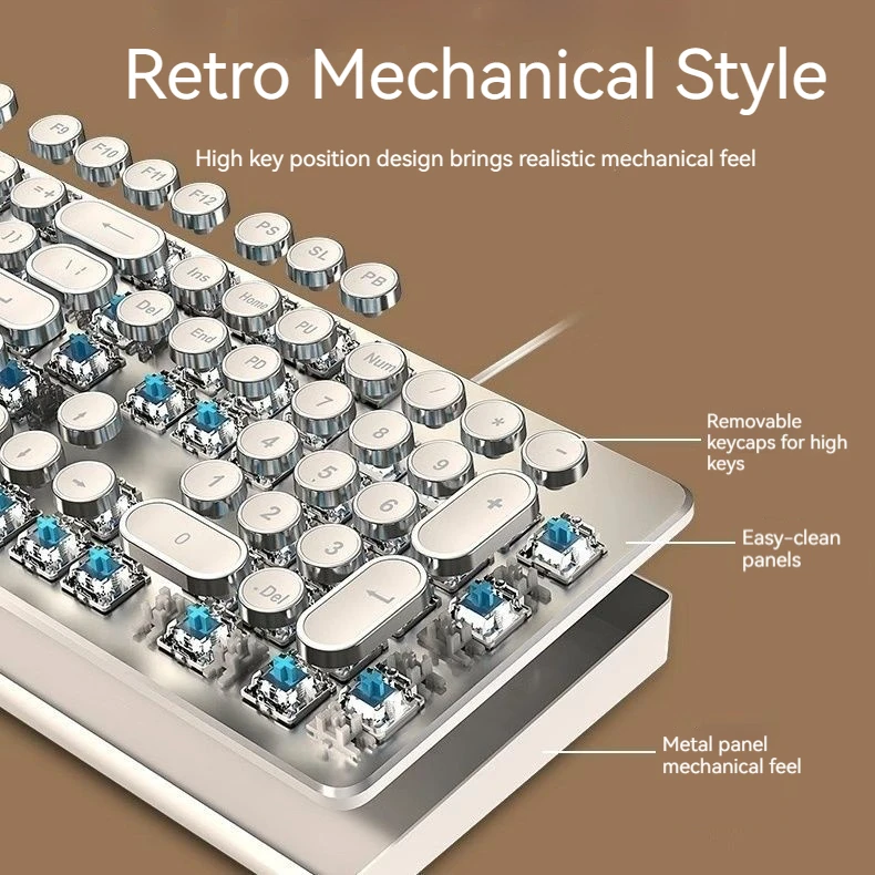EWEADN Punk Typewriter Mechanical Gaming Keyboard, 104Keys Wired Retro Round Keycaps with LED Backlit, for Windows Laptop PC