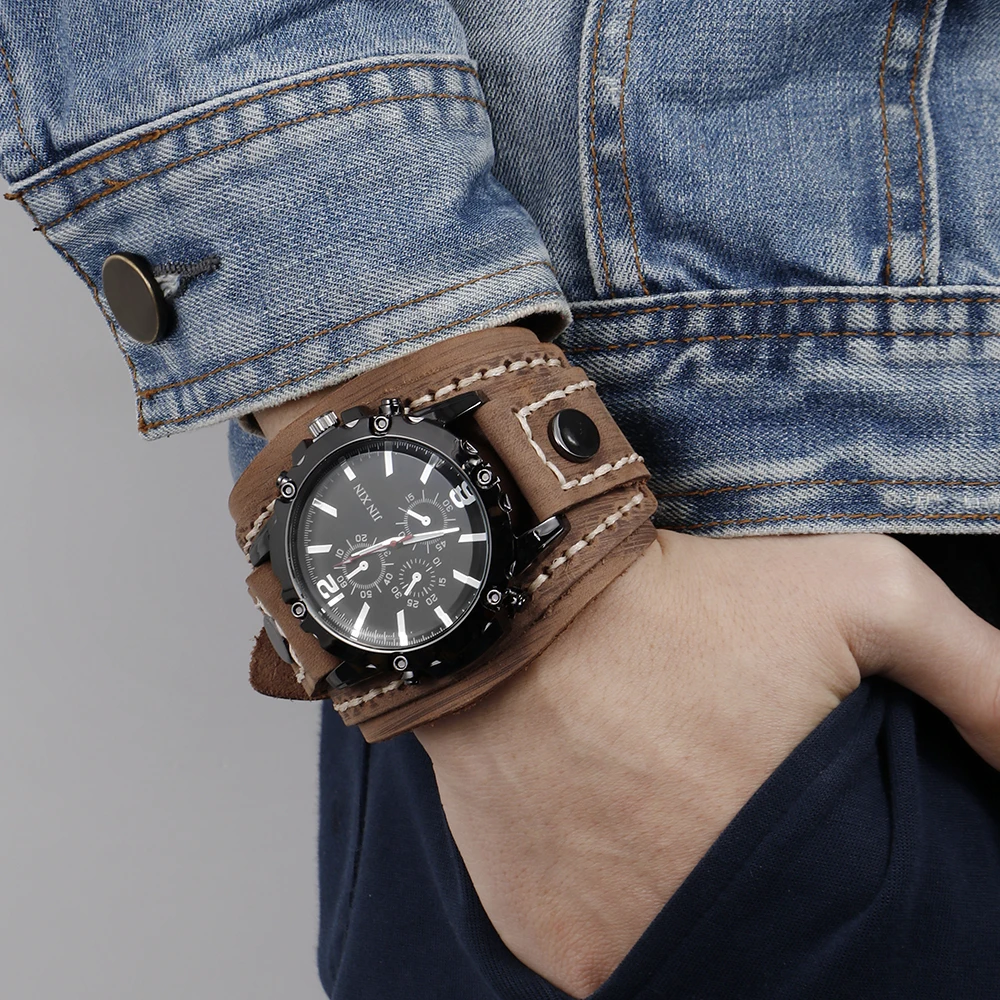 Vintage Leather Wristwatches Fashion Watch Stitched Watch Wide Leather Watch Outdoor Boy Gift Decorative Watch