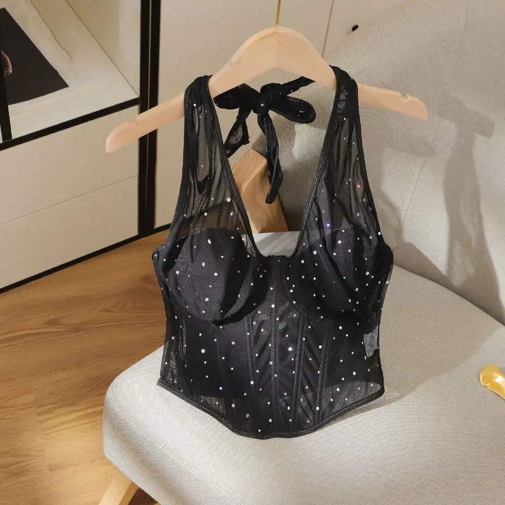 

Transparent Mesh Crystal Camisole Sleeveless Slim Fit Rhinestone Corset Mesh Shiny Corset Fishbone Camisole Spring Summer
