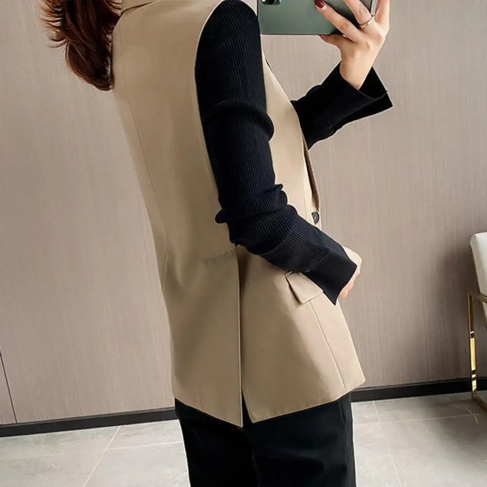 Fashion Sleeveless Flap Pockets Single Button Blazer Vest Solid Color Lapel Office Suit Waistcoat Outerwear Casual Workwear