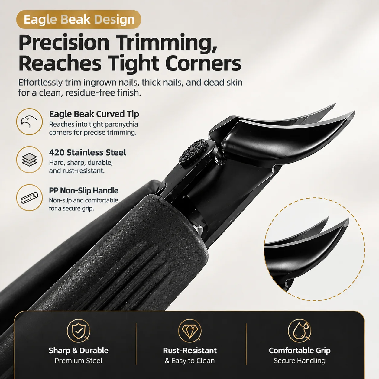 Designed specifically for thick fingernail clippers, with a 25-degree stainless steel angled blade and splash-proof feature
