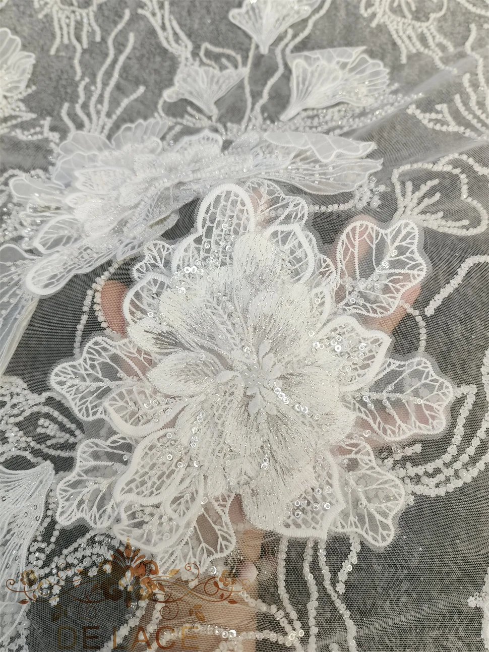 Luxury Floral Embroidered Lace With Shining Sequins 3D Flowers With Machine Beaded Fabric Wedding Dress Lace Fabric