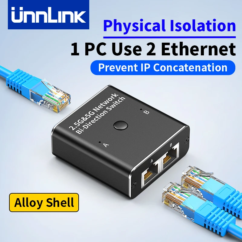 

Сетевой коммутатор Unnlink с 2 портами RJ45, 2500 Мбит/с, 2.5G Ethernet-сплиттер, селектор 2 входа/1 выход, совместим с 1000 Мбит/с/100 Мбит/с