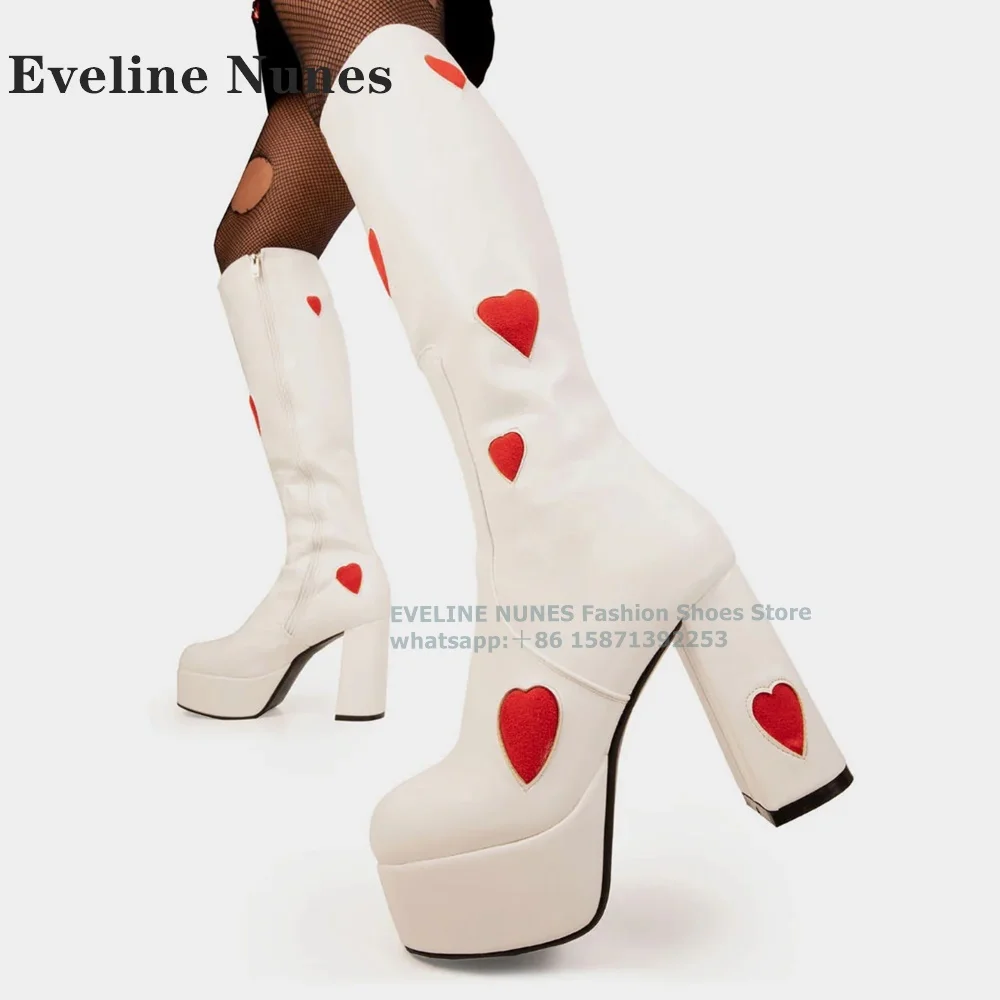 

Platform Red Love Print Knee-High Boot Round Toe Height Increasing Side Zipper Punk Women Modern Booty 2024 Autumn Winter Shoes