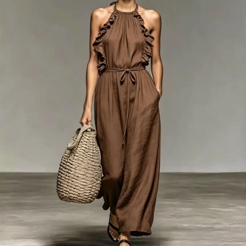 

2026 New Summer Women's Jumpsuit With Neck Strap Ruffle Edge Solid Color Casual Elegant Temperament Fashion Comfortable Jumpsuit