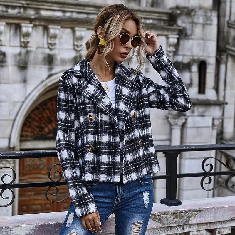 Woman Blazer Suit High Quality Plaid Double Breasted Women Blazers and Jackets Elegant Work Formal Clothing Short Streetwears