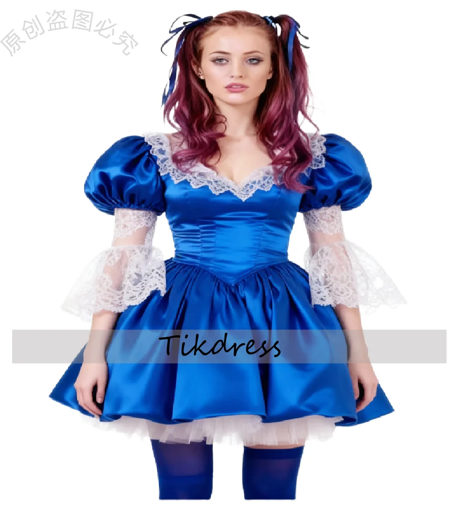 Vestido de Cosplay azul real Vintage con manga abombada de encaje Mini vestido corto de cumpleaños vestido de noche corto de satén Lolita ropa de fiesta Sexy