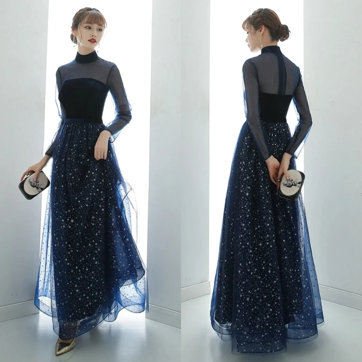 Evening Dress Navy Blue Velvet Tulle illusion Full Sleeves High Neck A-line Floor-length Plus size Woman Formal Party Gowns A314