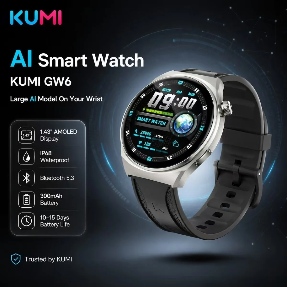 KUMI GW6 SmartWatch, 1.43“ AMOLED AI Voice Assistant Smartwatch Men Women, Bluetooth Call Fitness Tracker Heart Rate Monitor IP6