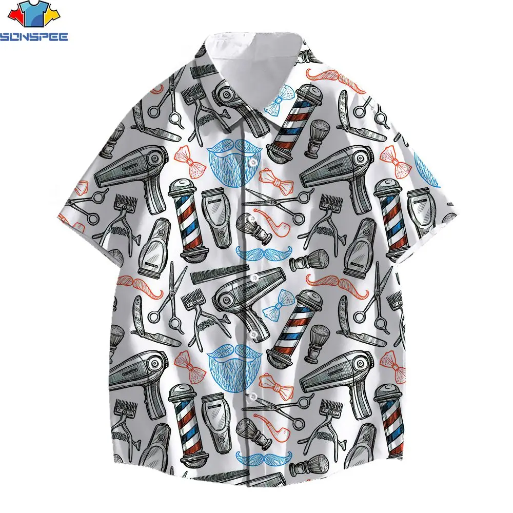 

SONSPEE 3D Print Hawaiian Shirt Men Women Hand Drawn Pattern Scissors Razor Tiled Cartoon Style Shirts Fashion Trend New Hot Top