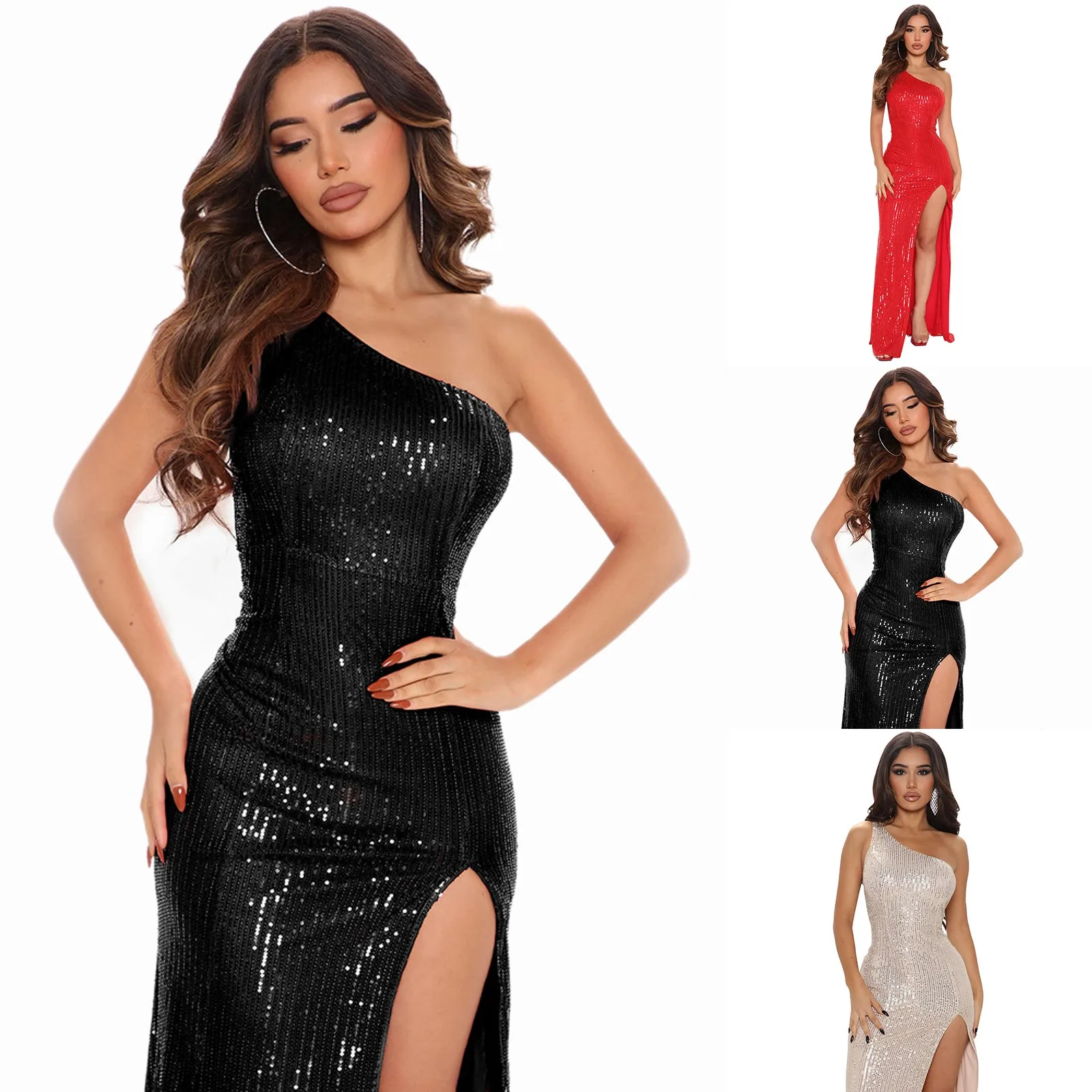 Black Dresses For Women Pure Color One Shoulder Glitter Sparkly Sequin Dresses For Women 2024 Side Slit Shiny Women\'s Dress