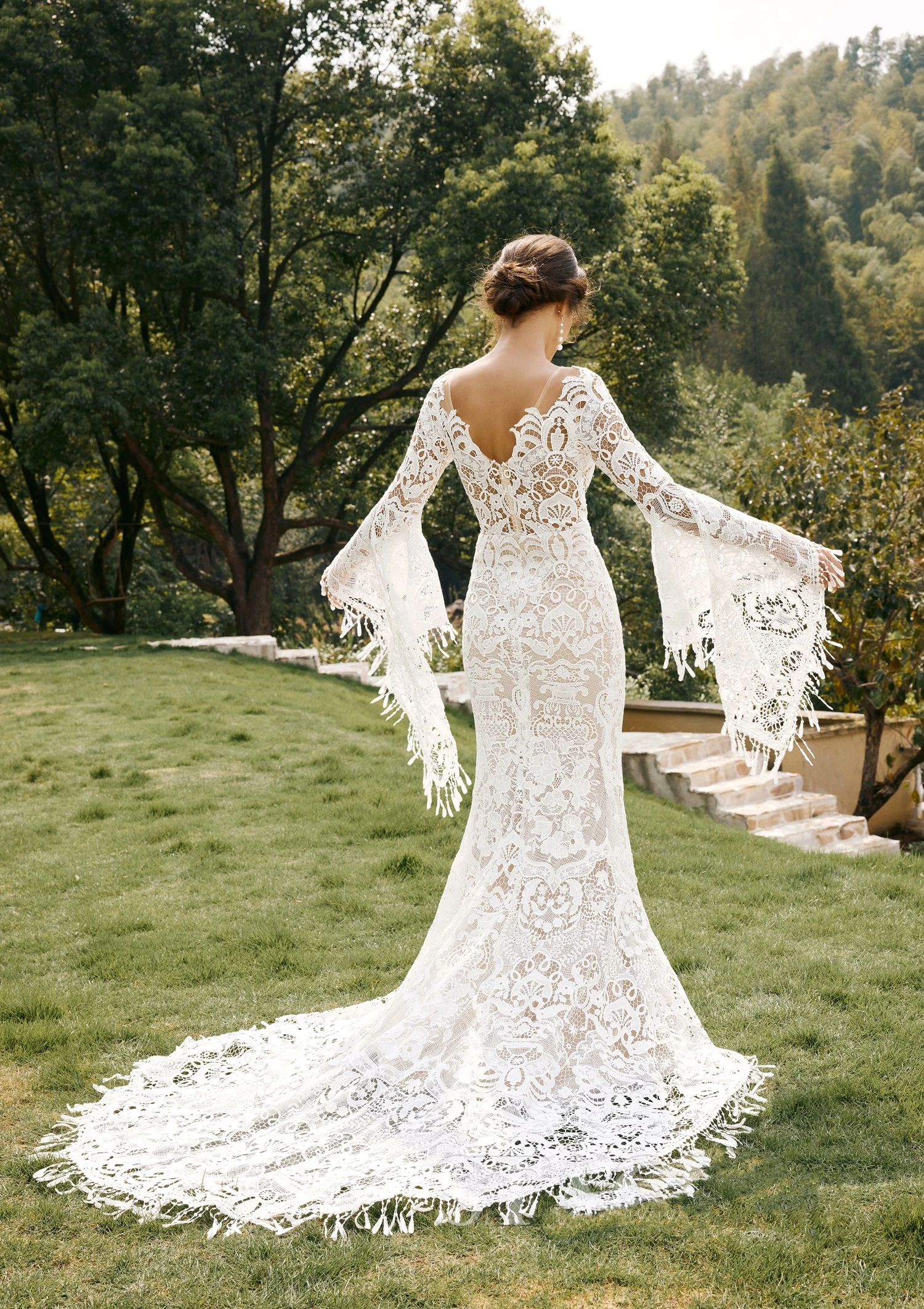 Robe de mariée sirène à manches longues évasées, robes de mariée Bo00-Vintage, quels que soient les patients, appliques de dentelle, longueur au sol, 2024, 2023