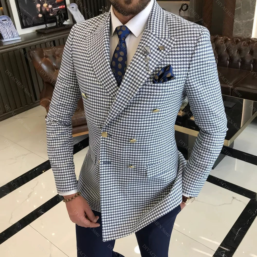 Chic Houndstooth Men Suits 2 Piece Fashion Jacquard Blazer with Solid Color Pants High-end Peak Lapel Double Breasted Male Suit