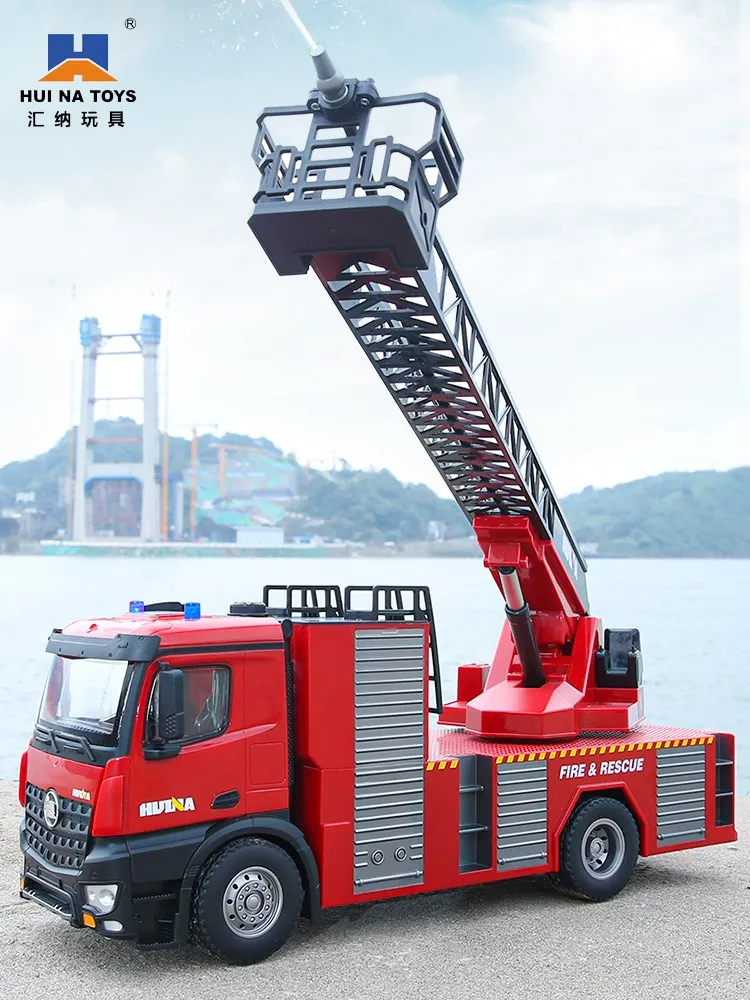 New 1:18 Hui Na Toys 9-Channel Semi-Alloy Remote Control Engineering Vehicle Red Fire Climbing Rescue Truck Children\'s Toy Gift