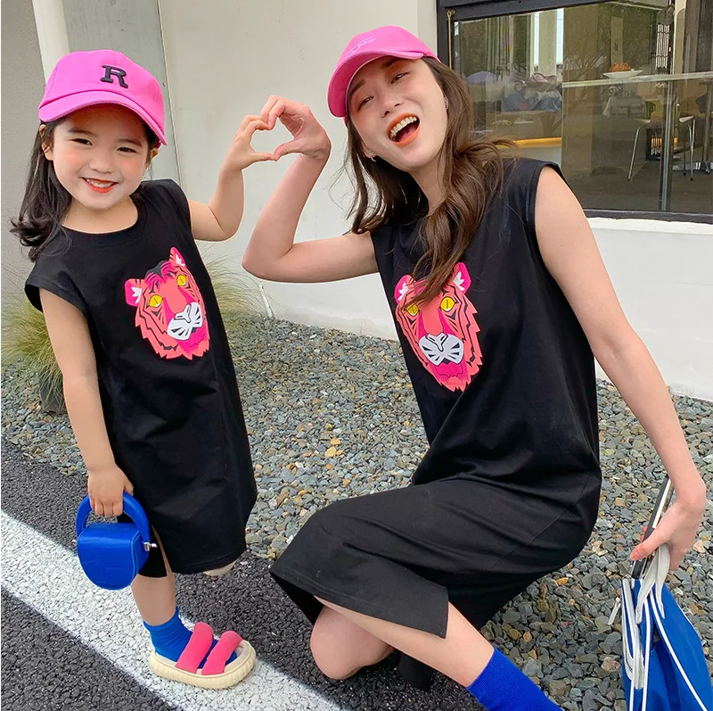 Parent-child Wear Mother and Daughter Korean Version Casual Vest Skirt Net Red Pink Tiger Head Print Long T-shirt Skirt Summer