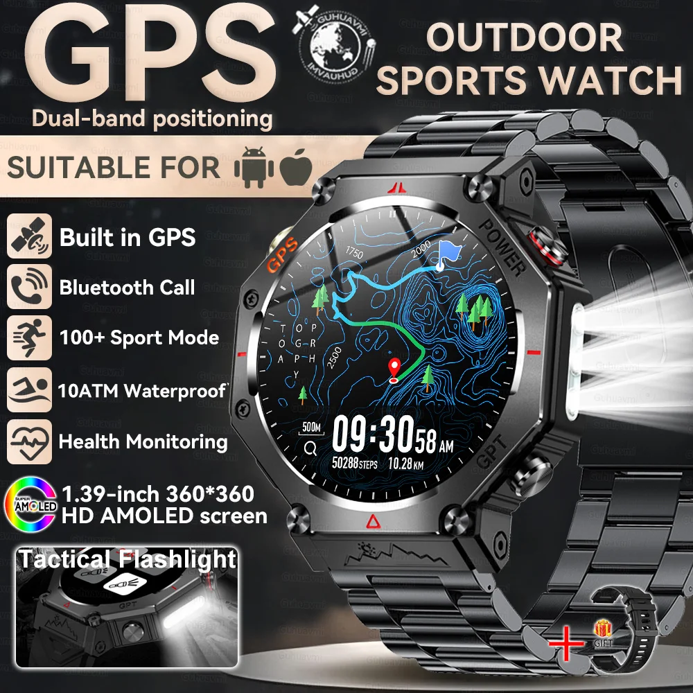 2026 Nieuwe Ingebouwde GPS Outdoor Smartwatch Heren Zaklamp Kompas BT-oproep Hartslagmeter 10ATM Waterdicht Sport Smartwatch 2026