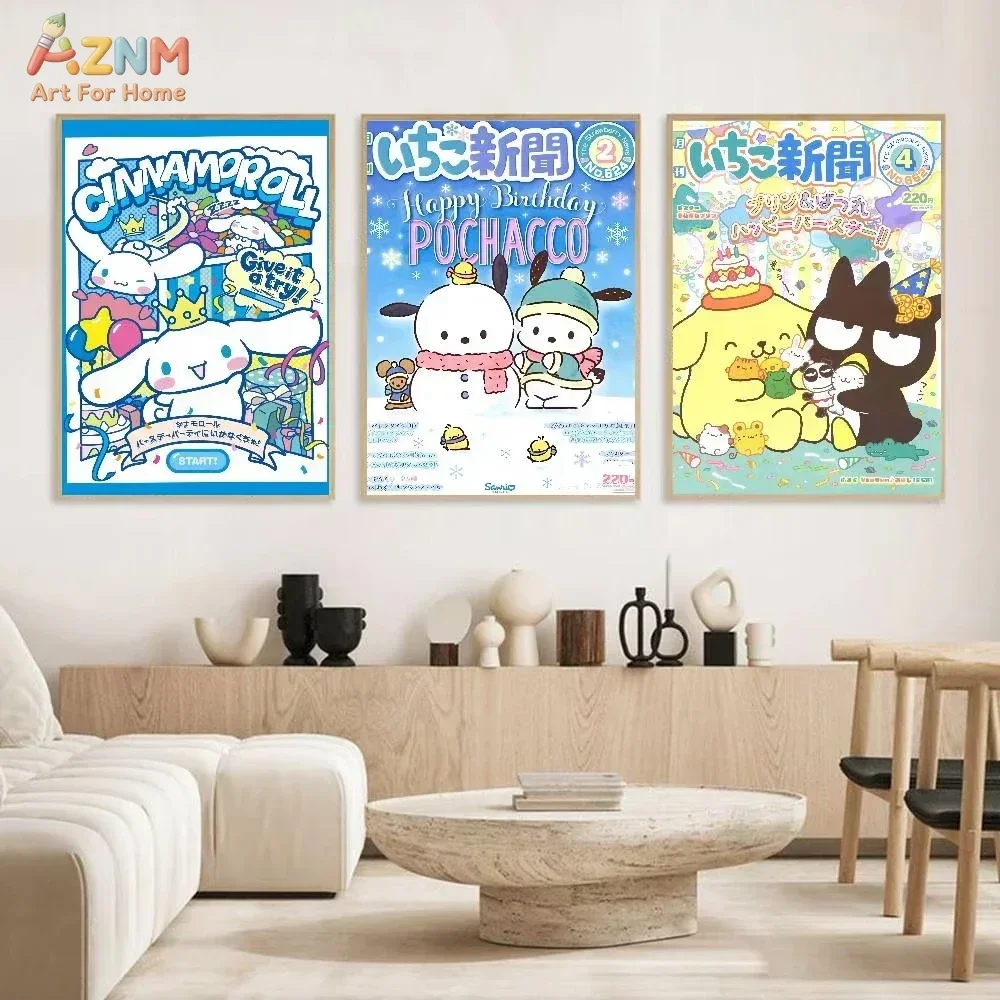 AZNM Sanrio Ichigo Shinbun Cinnamoroll Pochacco Kuromi Canvas Print Frameless Wall Art Cute Cartoon Poster Home Decor Painting