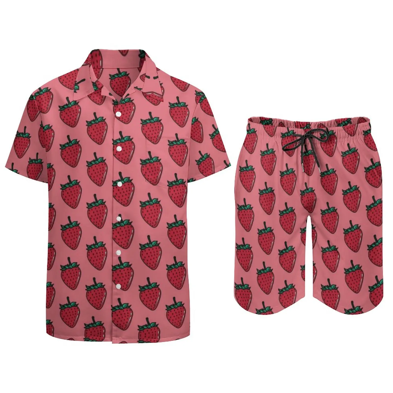 STRAWBERRY TEA ROSE Men Sets Fruit Casual Shorts Summer Cool Beach Shirt Set Short Sleeve Graphic Oversized Suit Birthday Gift