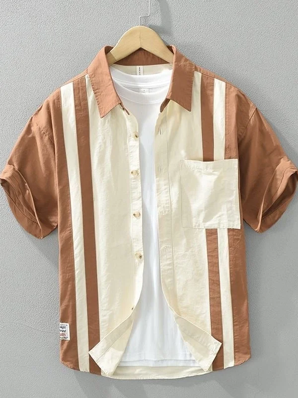Loose Casual Summer Shirt Men's Short Sleeve Patchwork Color Block Breathable Lightweight Polyester Fiber Versatile Half Sleeve