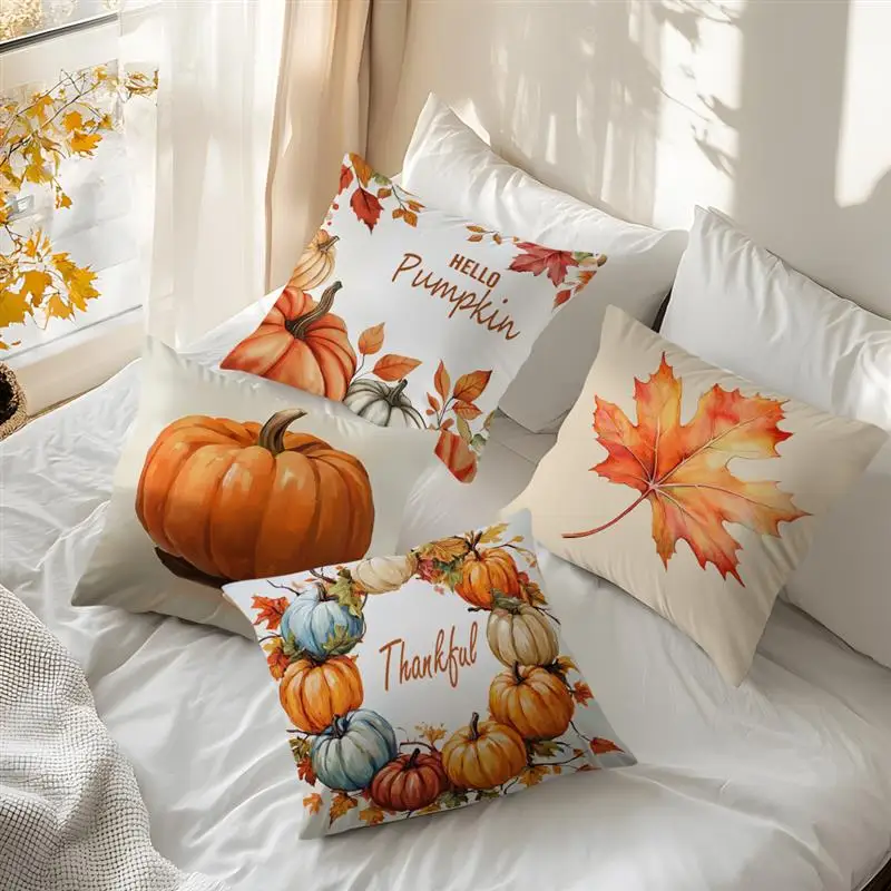 Home Decor Autumn Pumpkins and Maple Leaf Decorative Pillow Pattern Cushion Cover Suitable for Sofa Bedroom Car Pillow Cover