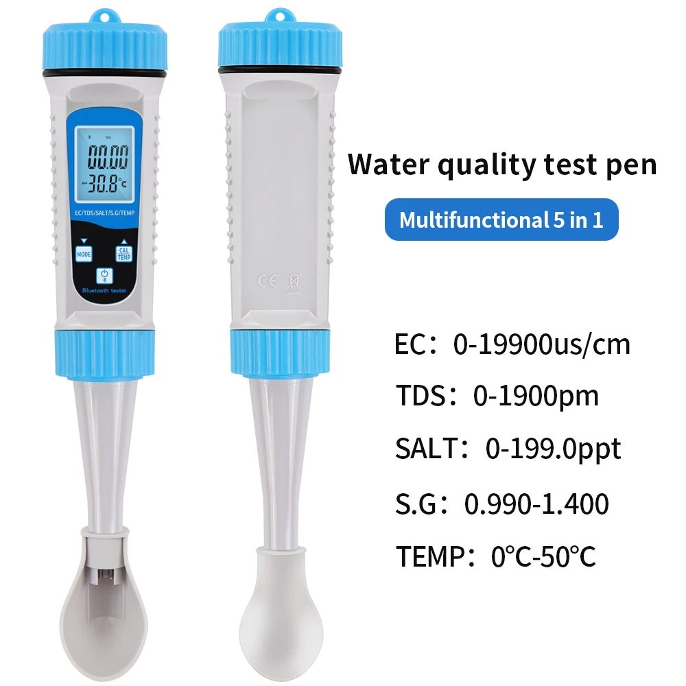 

5 in 1 Water Quality Tester EC TDS SALT SG TEMP PH Meter for Aquarium Fish Tank Hydroponic Real Time Data Transfer APP Control