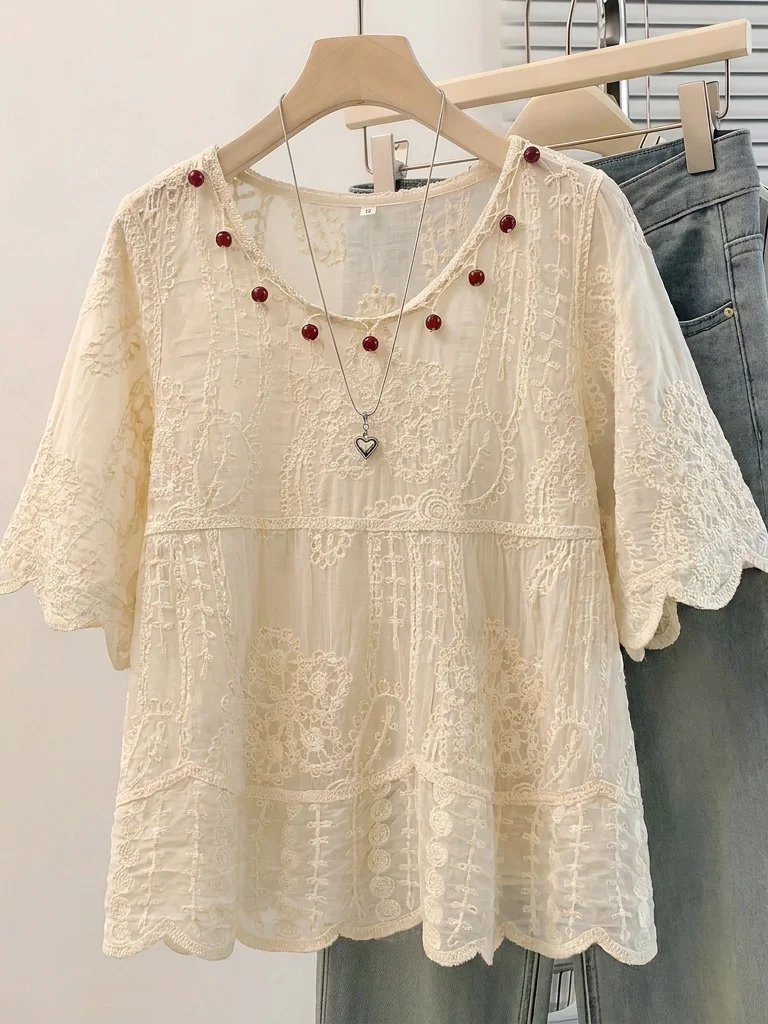 

Bohemian Lace Shirt Women's Short Sleeve Hook Flower Summer New plus Size Beautiful Holiday Style Top Korean Loose Fit V-neck