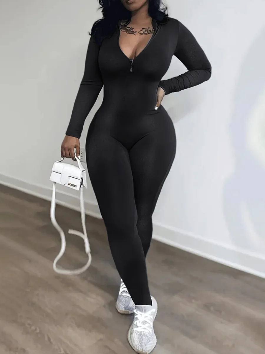 LW Zipper Design Skinny Jumpsuit  Autumn Casual Solid Color  V Neck Long Sleeve One Pieces Suit Sportswear Outfits for Women