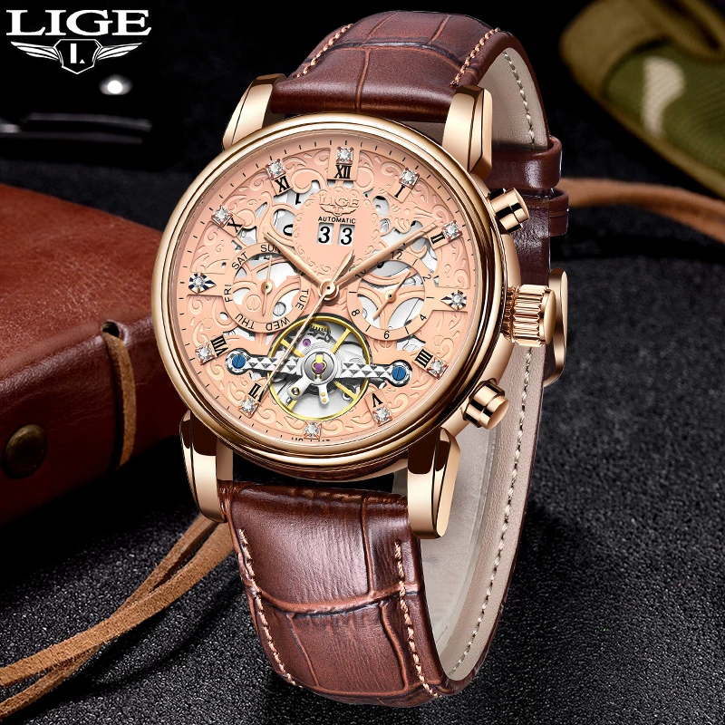 LIGE Fashion Luxury Mechanical Man Watch Business Leather Tourbillon Automatic Calendar Week Men\'s Watches Waterproof Wristwatch