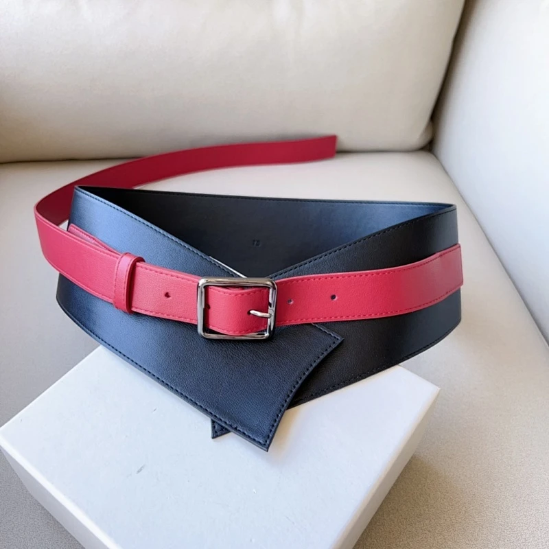 Women Calf Smooth Leather Color Patched Waist Belt Lady Dress Cummerbunds 80mm