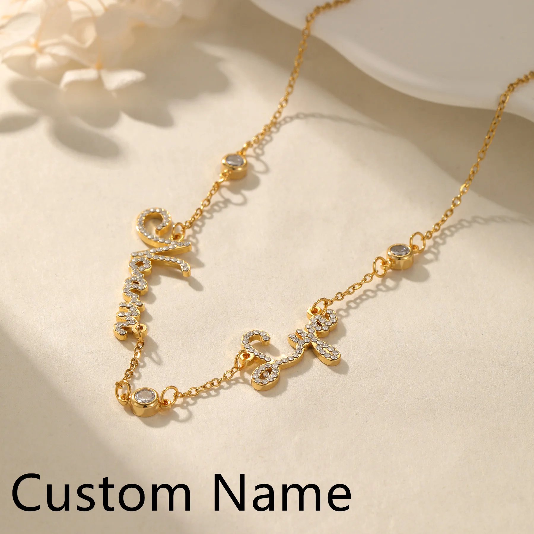 Custom Diamond Name Necklace With White Stone Personalized Stainless Steel Multiple Name Pendant Family Jewelry Gifts for Mom