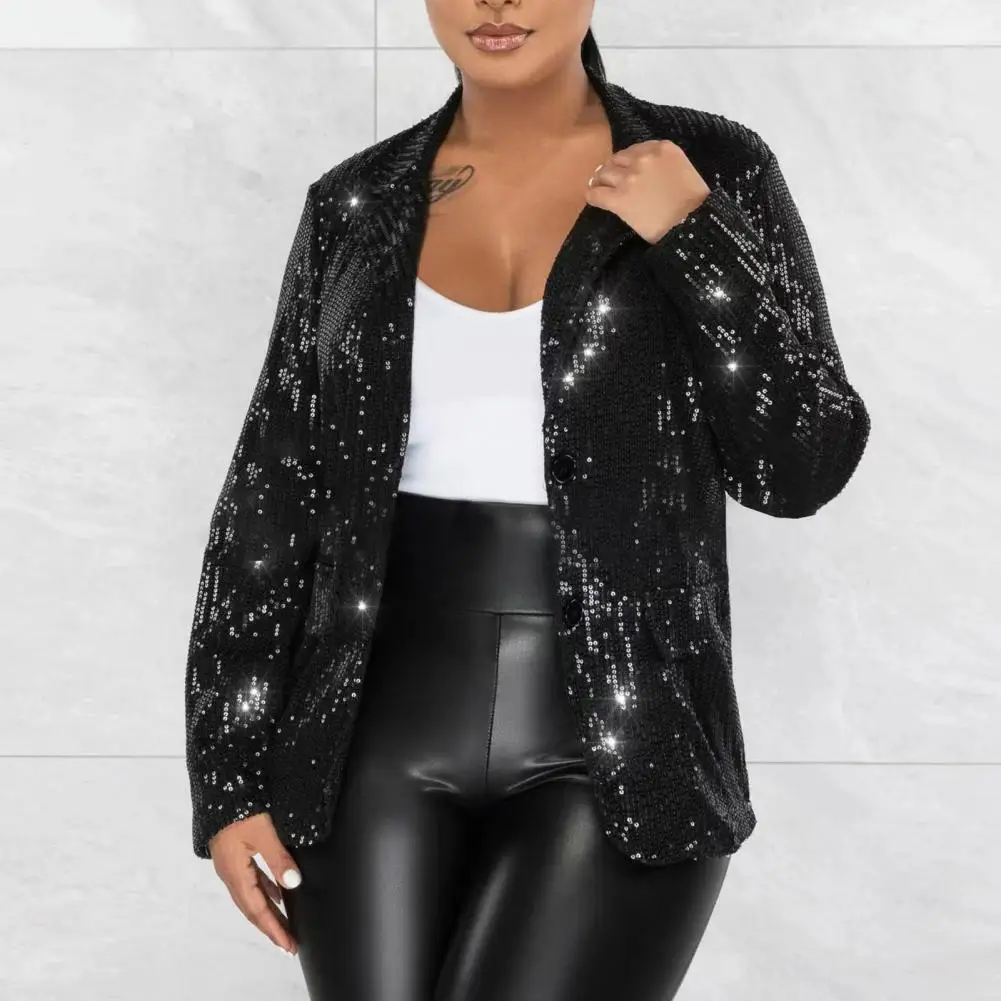 Abrigo de traje con lentejuelas para mujer, abrigo elegante con solapa y bolsillos con solapa y lentejuelas brillantes, un solo pecho, primavera